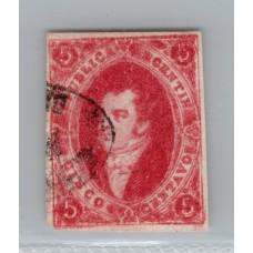 ARGENTINA 1866 GJ 26b ESTAMPILLA RIVADAVIA DE 5ta TIRADA LIBRE DE FALTAS CON VARIEDAD DOBLE IMPRESIÓN PARCIAL, RARA U$ 120